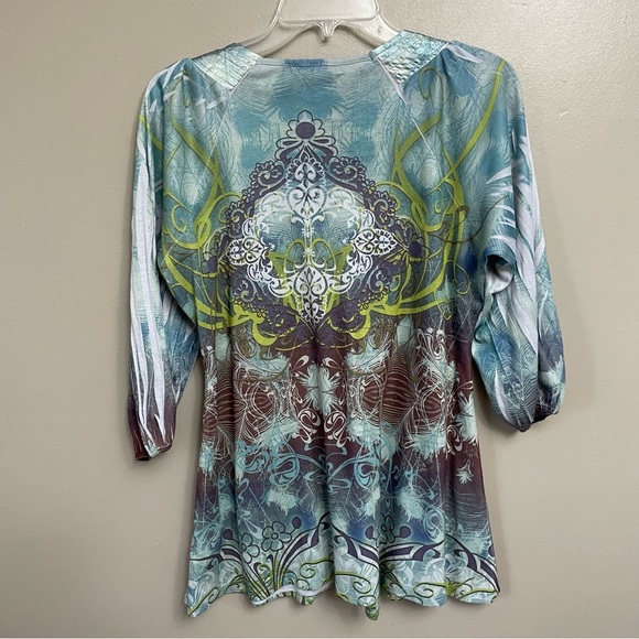 Women's One World Large Boho 3/4 bubble sleeve blouse blue green art to wear - Picture 8 of 12